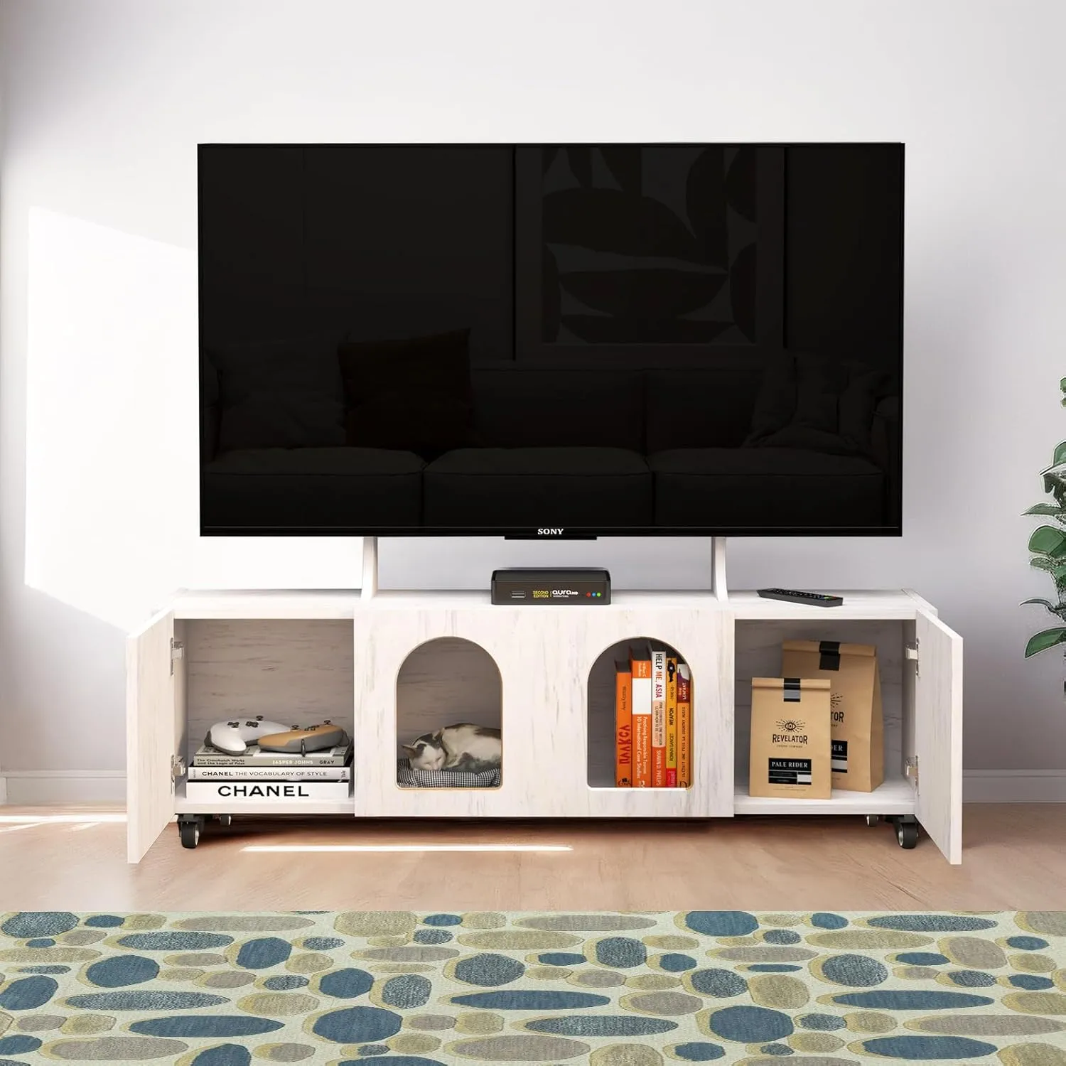 48.5" Rolling Wood TV Stand, White