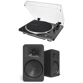 Audio Technica AT-LP70XBT Fully Automatic Bluetooth Wireless Turntable with Kanto ORA4 140W Powered Reference Speakers HiFi Package Black