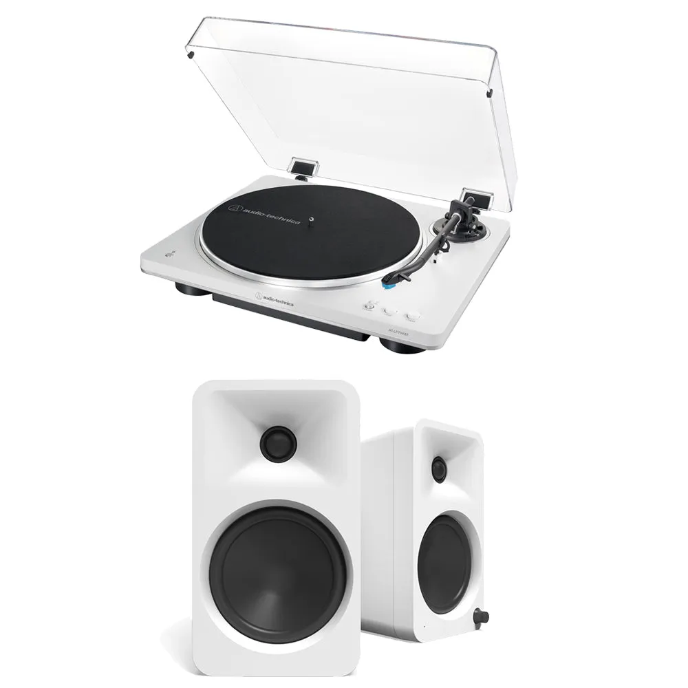 Audio Technica AT-LP70XBT Fully Automatic Bluetooth Wireless Turntable with Kanto ORA4 140W Powered Reference Speakers HiFi Package White