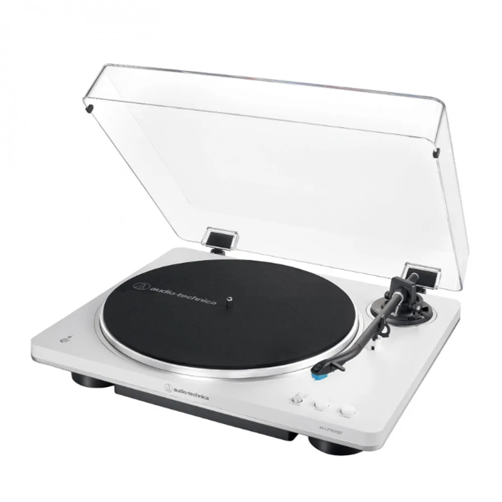 Audio Technica AT-LP70XBT Fully Automatic Bluetooth Wireless Turntable with Kanto ORA4 140W Powered Reference Speakers HiFi Package White