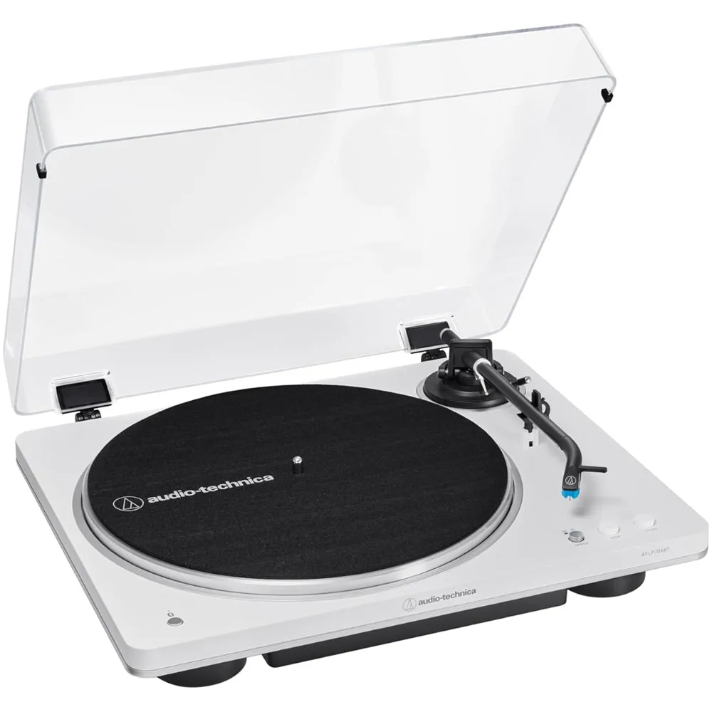 Audio Technica AT-LP70XBT Fully Automatic Bluetooth Wireless Turntable with Kanto ORA4 140W Powered Reference Speakers HiFi Package White