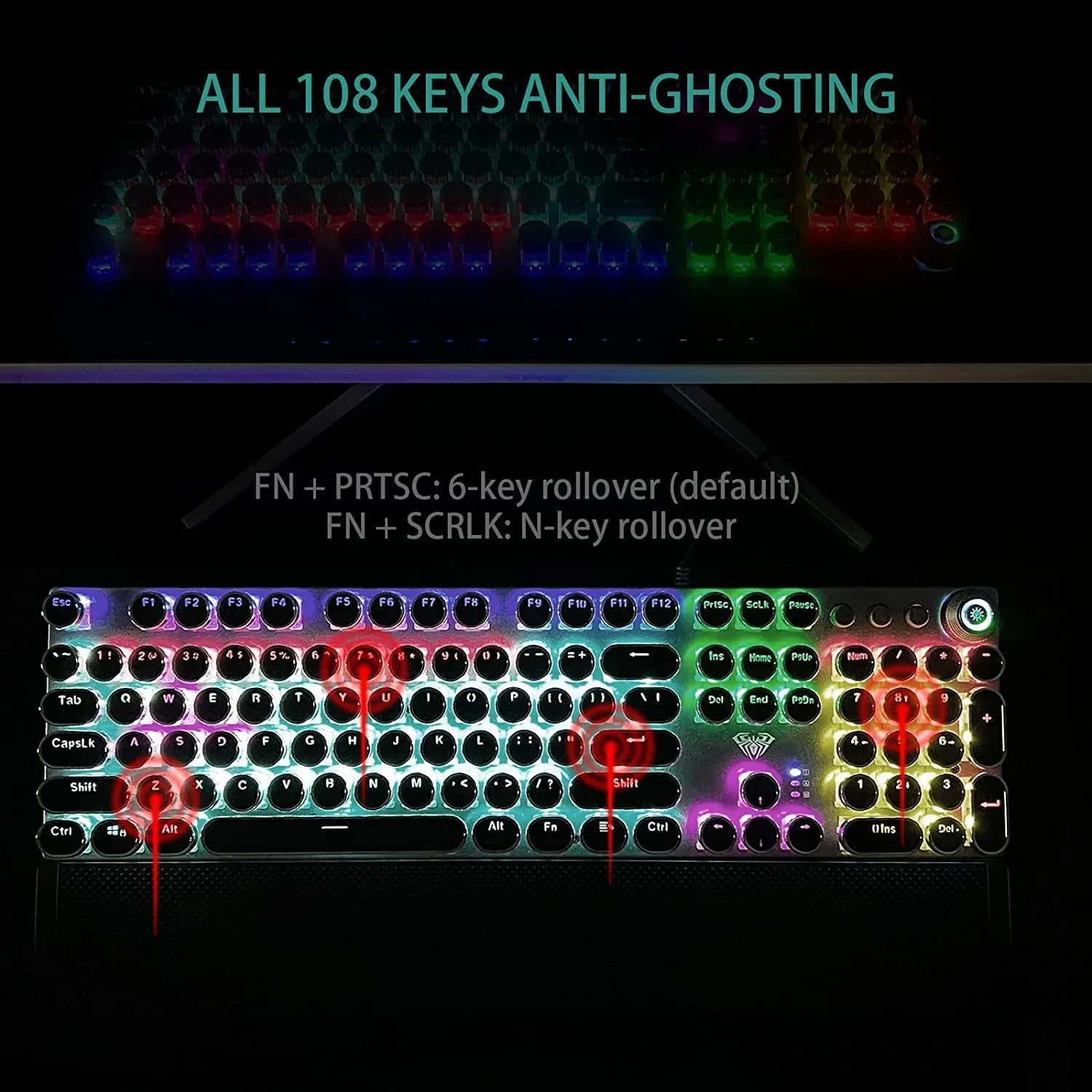 AULA F2088 Typewriter Style Mechanical Gaming Keyboard Blue Switch, with Removable Wrist Rest, Media Control Knob, Rainbow Backlit, Retro Punk round Keycaps, Full Size USB Wired Computer Keyboards