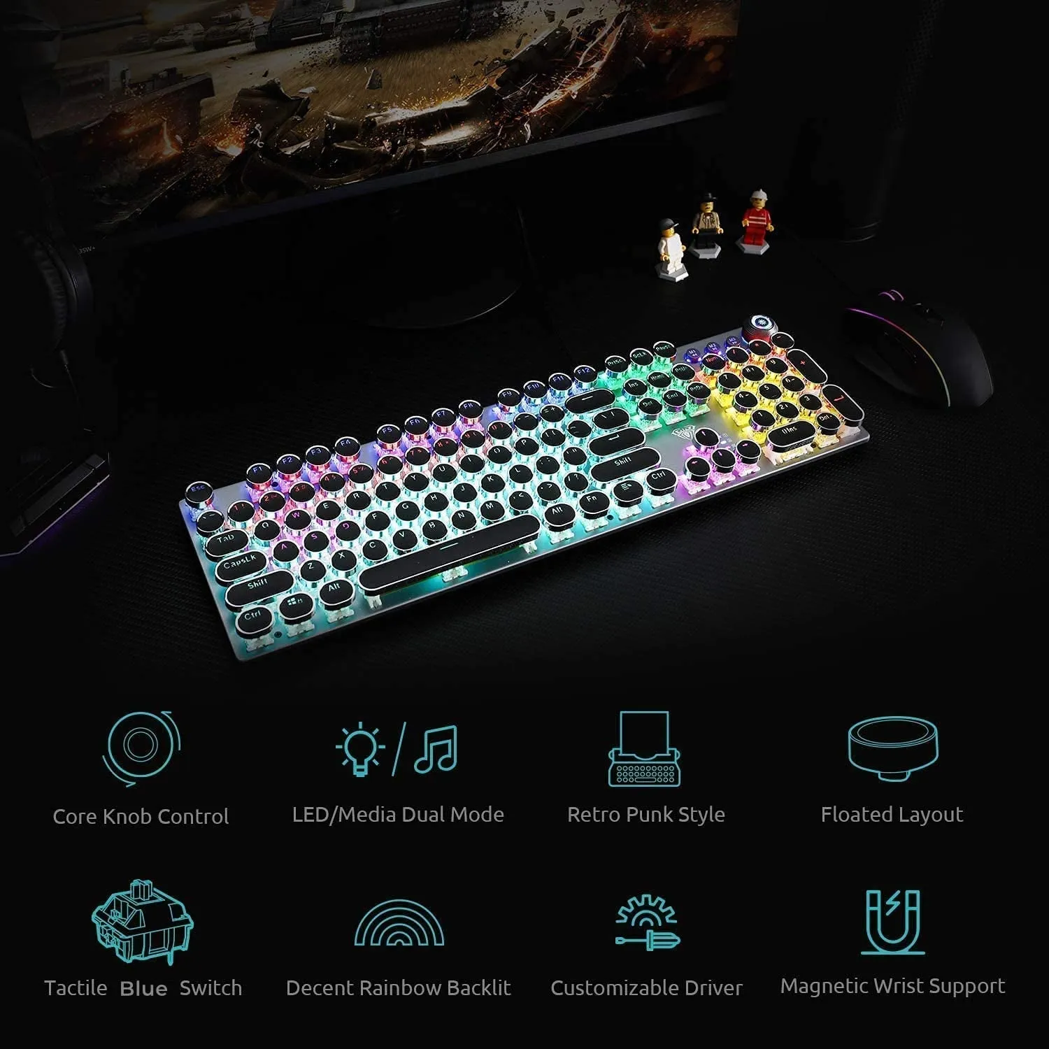 AULA F2088 Typewriter Style Mechanical Gaming Keyboard Blue Switch, with Removable Wrist Rest, Media Control Knob, Rainbow Backlit, Retro Punk round Keycaps, Full Size USB Wired Computer Keyboards