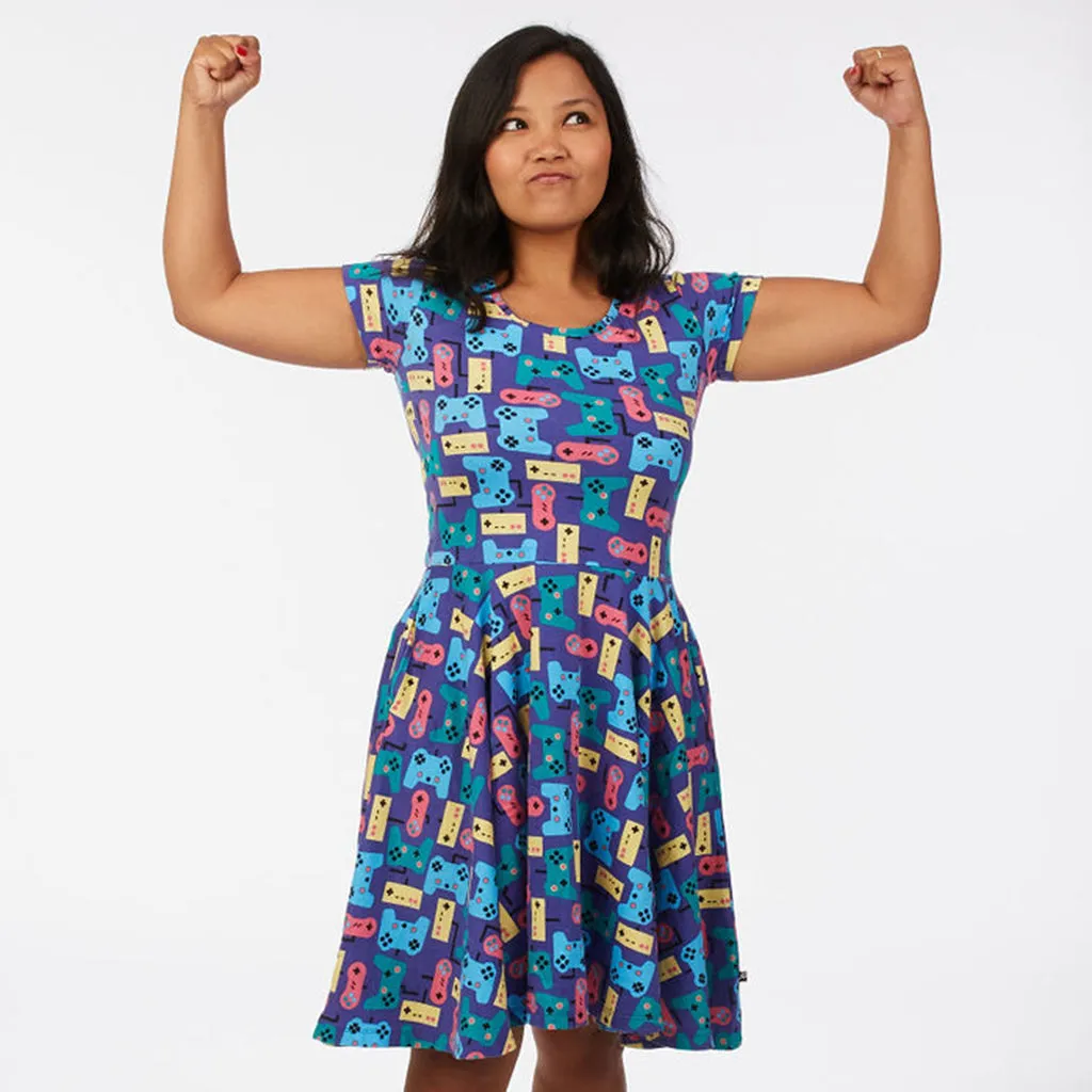 “Control Chic” Video Games Short Sleeve Super Twirler Dress with Pockets - Adult