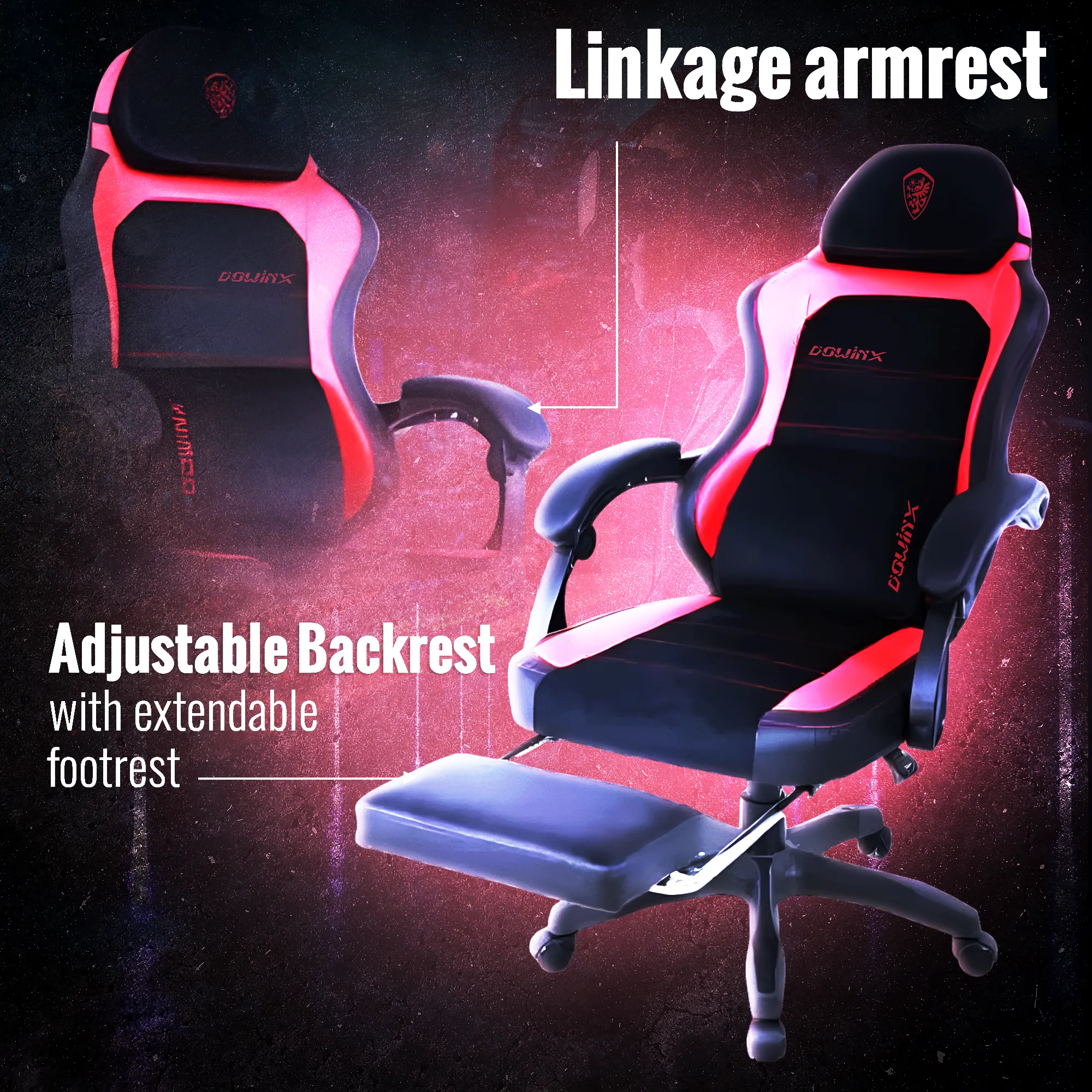 Dowinx Computer Gaming Office Chair | Linkage armrest | Double handle mechanism  T bar | Steel frame | Adjustable  Backrest with extendable footrest