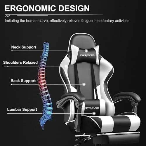 GTPLAYER Gaming Chair, Computer Chair with Footrest and Lumbar Support, Height Adjustable Game Chair with 360°-Swivel Seat and Headrest and for Office or Gaming (White)