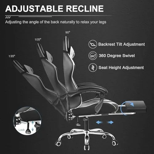 GTPLAYER Gaming Chair, Computer Chair with Footrest and Lumbar Support, Height Adjustable Game Chair with 360°-Swivel Seat and Headrest and for Office or Gaming (White)