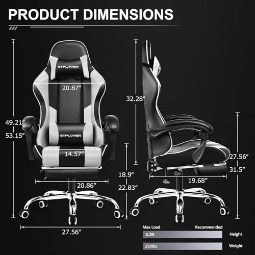 GTPLAYER Gaming Chair, Computer Chair with Footrest and Lumbar Support, Height Adjustable Game Chair with 360°-Swivel Seat and Headrest and for Office or Gaming (White)