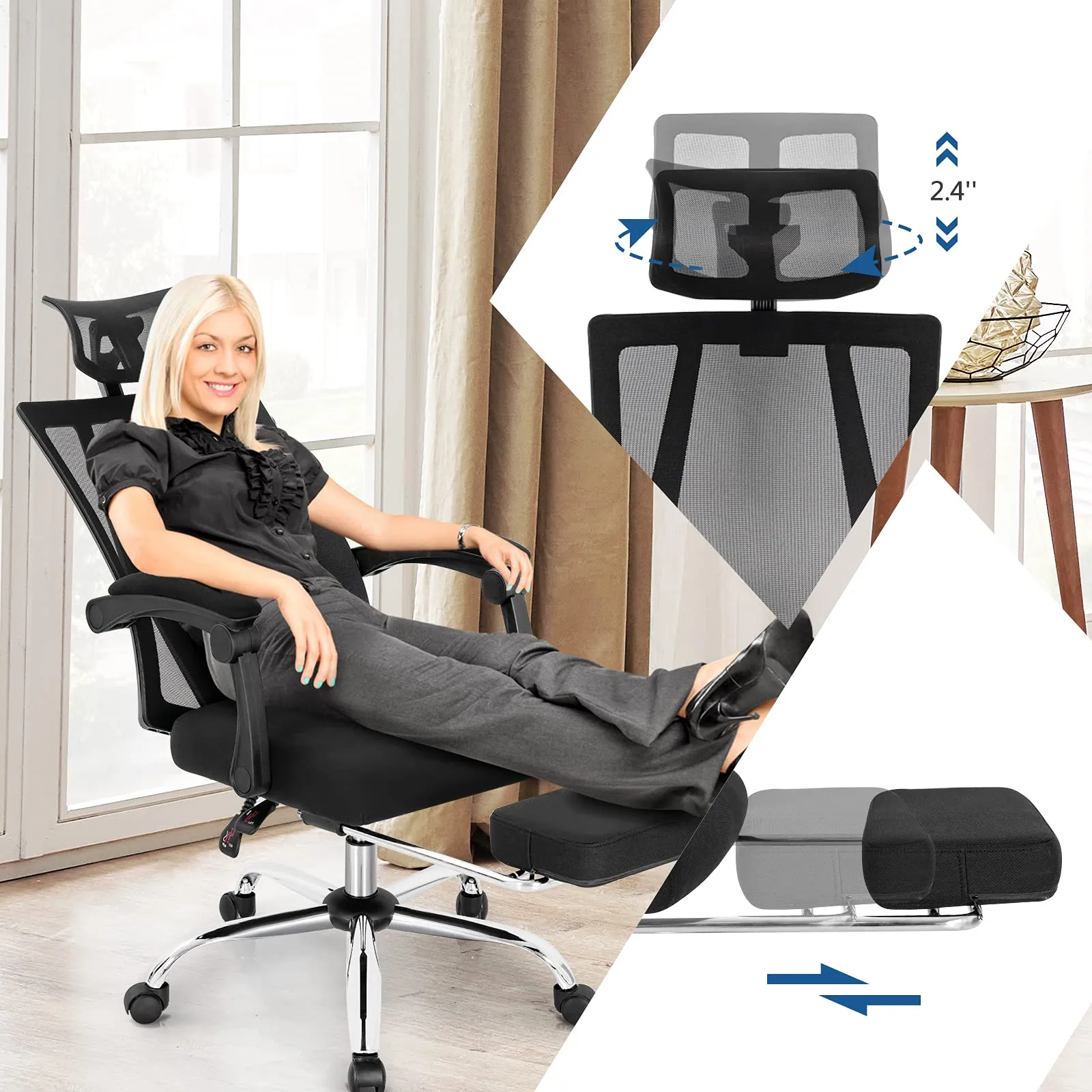 KOMFOTT Ergonomic Mesh Office Chair, High Back Computer Desk Chair w/Adjustable Headrest, Footrest, Lumbar Support