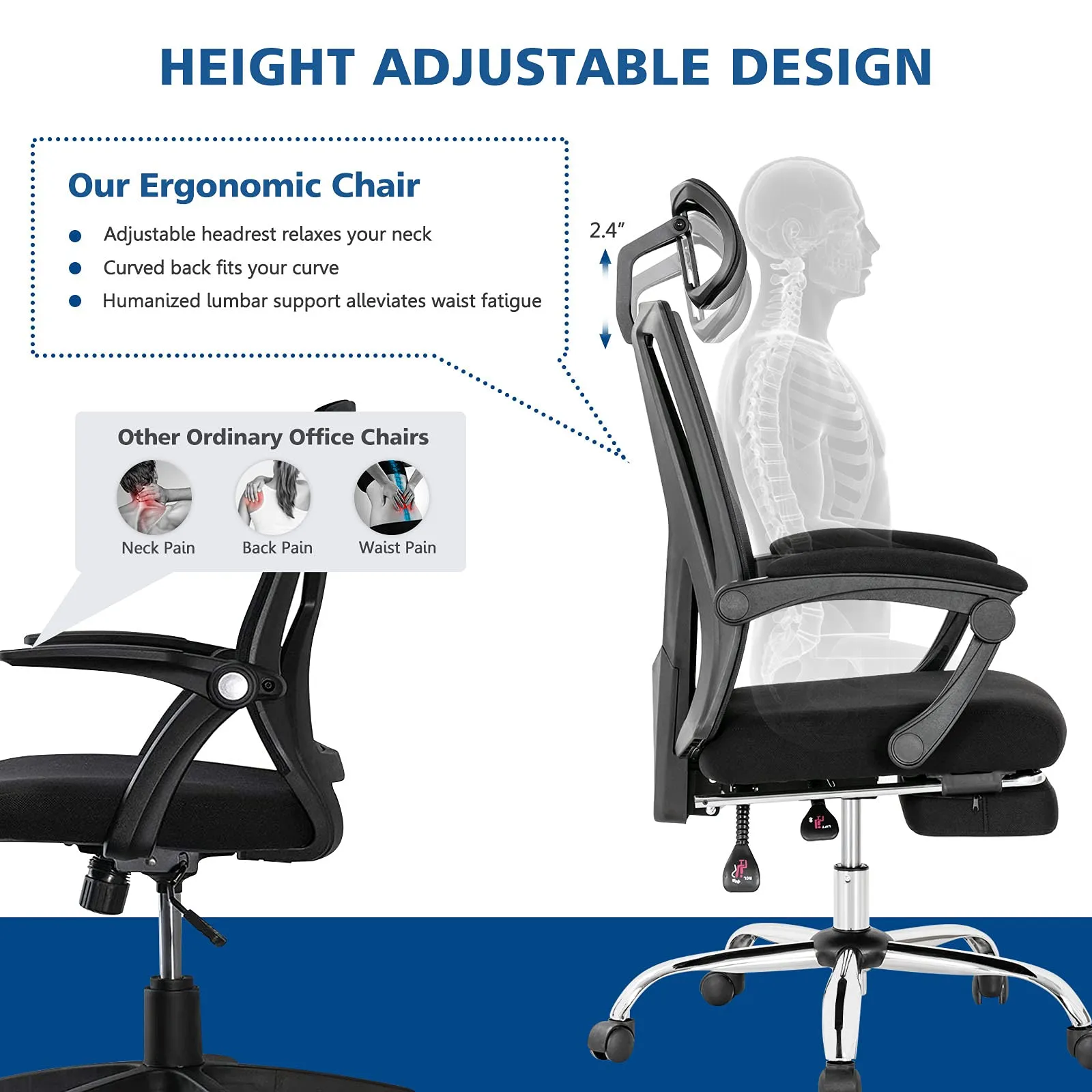 KOMFOTT Ergonomic Mesh Office Chair, High Back Computer Desk Chair w/Adjustable Headrest, Footrest, Lumbar Support