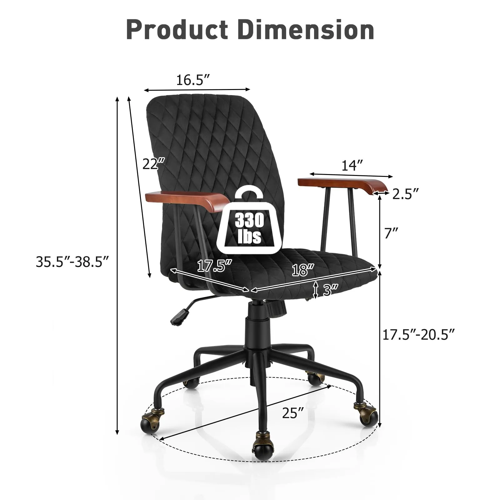 KOMFOTT Home Office Desk Chair, Vintage Adjustable Swivel Rolling Chair with Copper Wheels & Armrest