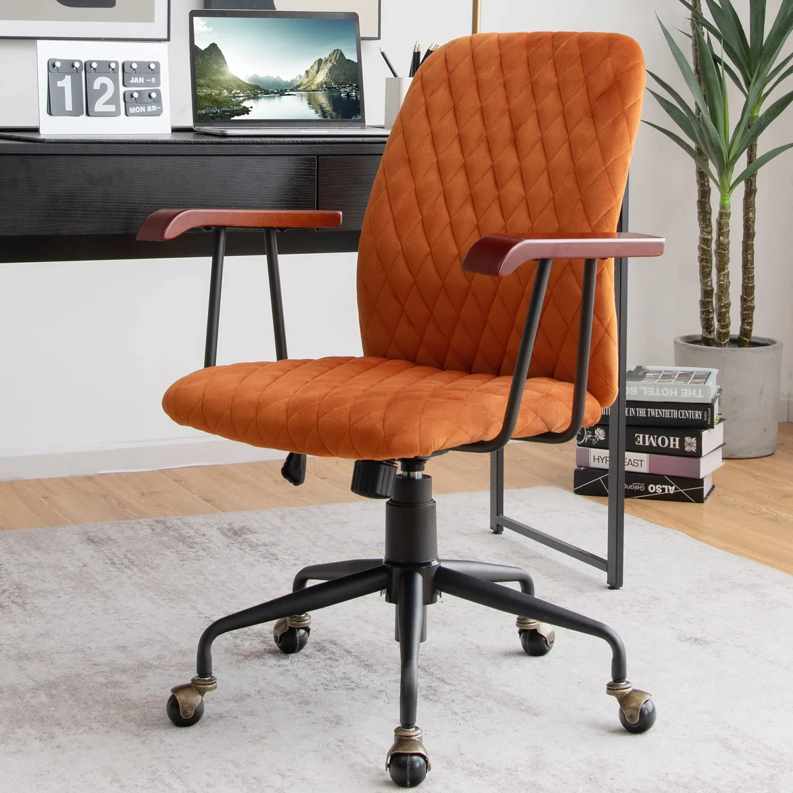 KOMFOTT Home Office Desk Chair, Vintage Adjustable Swivel Rolling Chair with Copper Wheels & Armrest