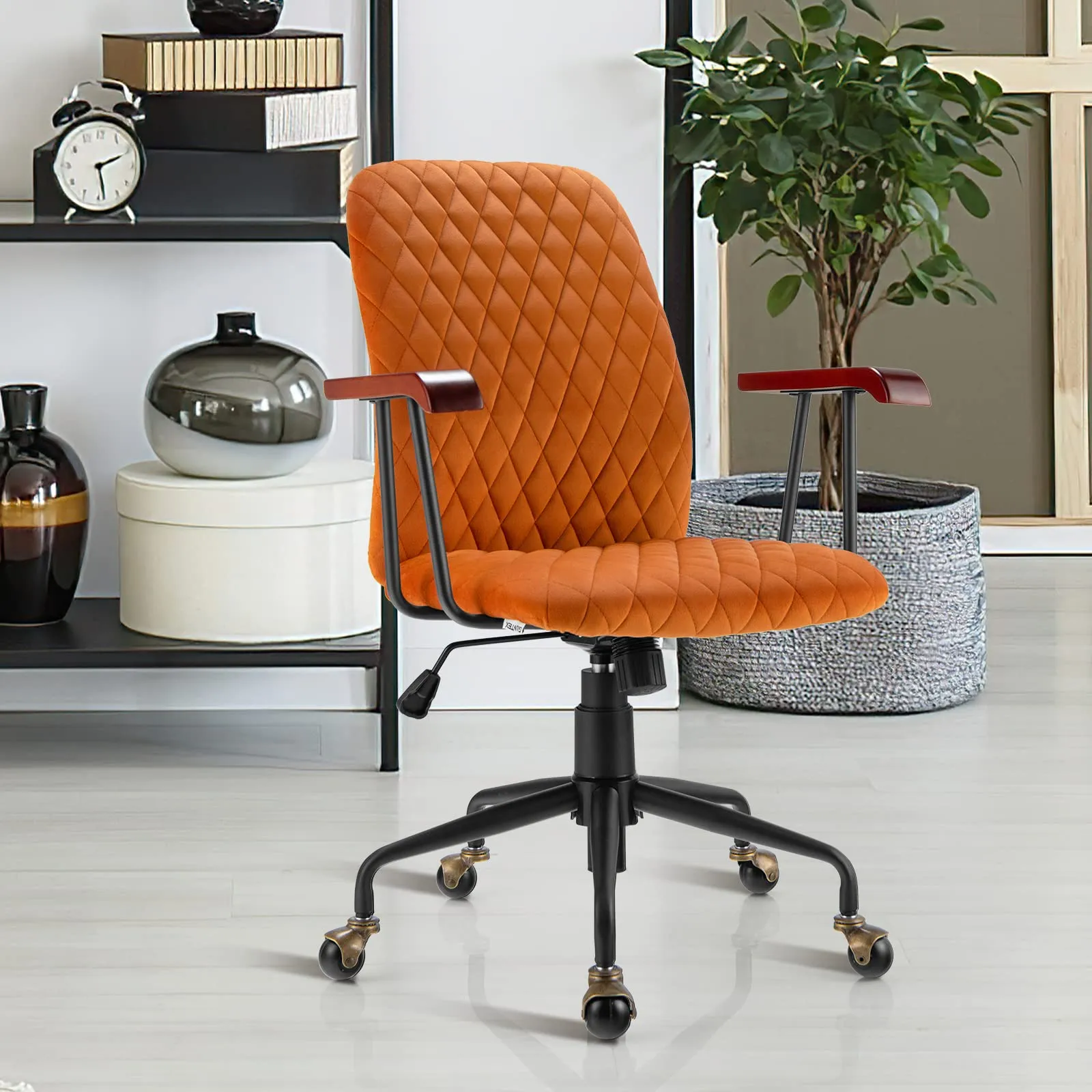 KOMFOTT Home Office Desk Chair, Vintage Adjustable Swivel Rolling Chair with Copper Wheels & Armrest