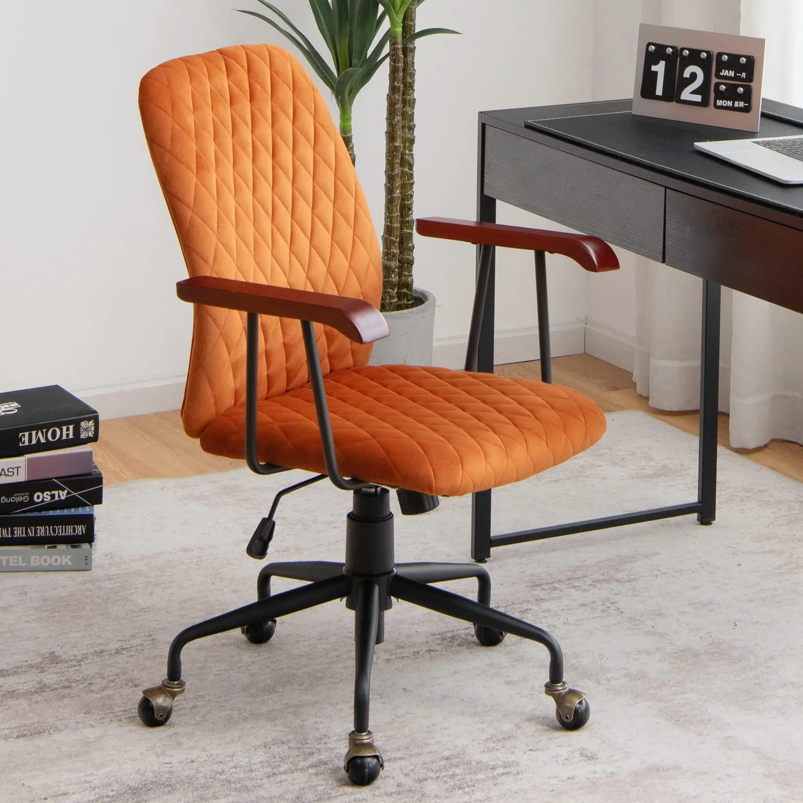 KOMFOTT Home Office Desk Chair, Vintage Adjustable Swivel Rolling Chair with Copper Wheels & Armrest