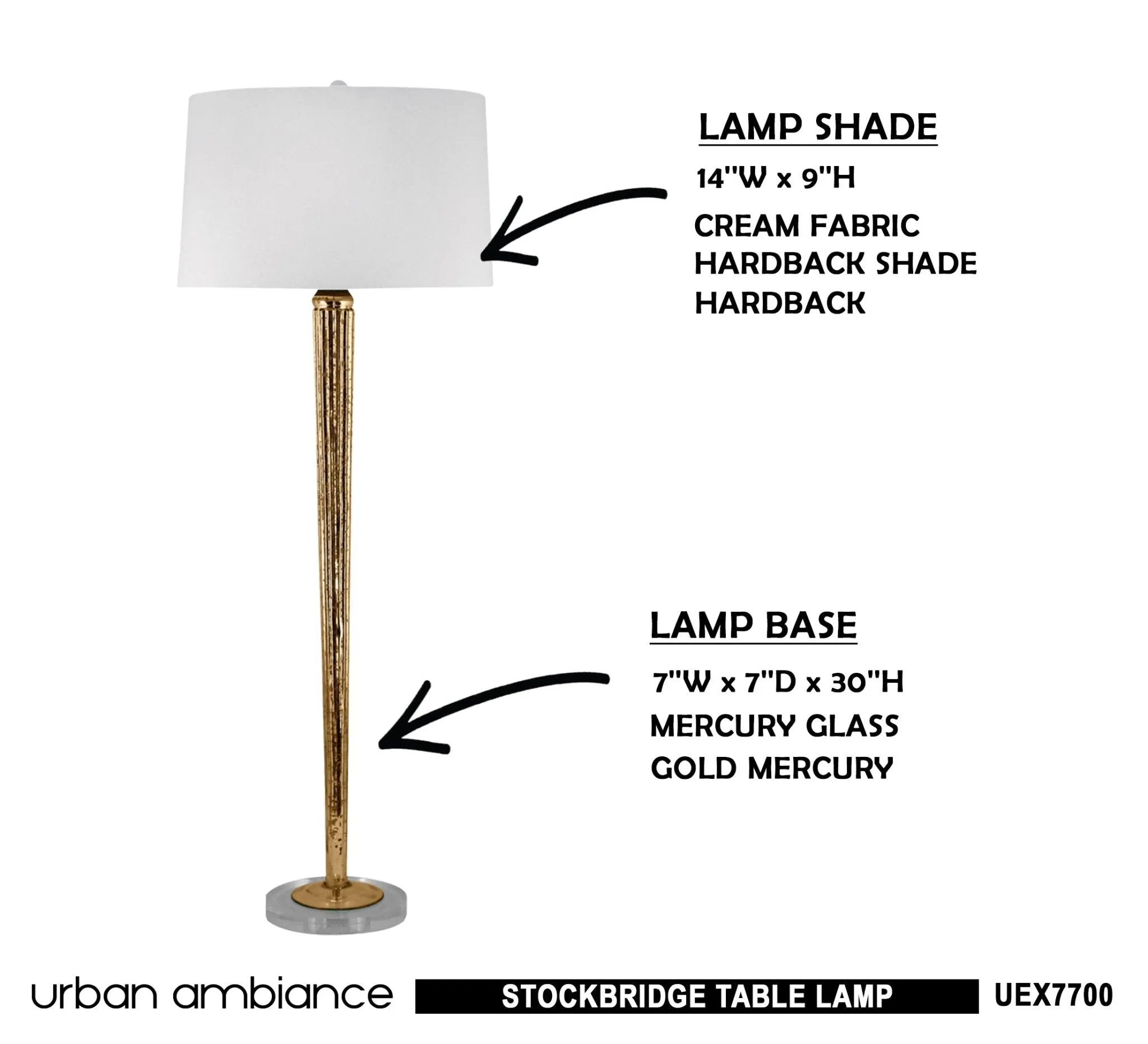 UEX7700 Traditional Table Lamp 14''W x 14''D x 38''H, Gold Mercury Finish, Stockbridge Collection